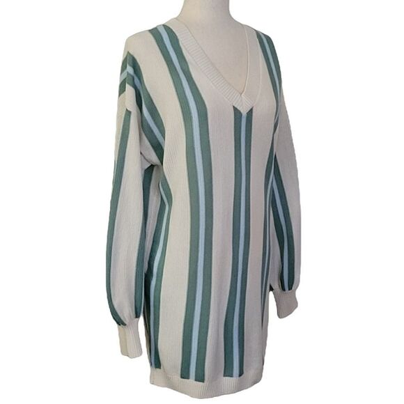 Wild Fable Green Striped Ballon Sleeve V-neck Ribbed Tunic Length Sweater Size M - Picture 2 of 8